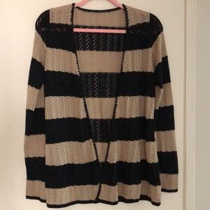 🆕Crochet Cardigan sweater shrug! Black/Taupe Stripe knit 🧶whipstitch cardigan! M